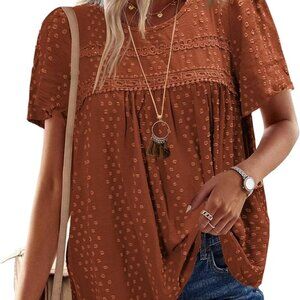 Womens Summer Tops Crewneck Short Sleeve Shirts Casual Chiffon Blouses Flowy Lac